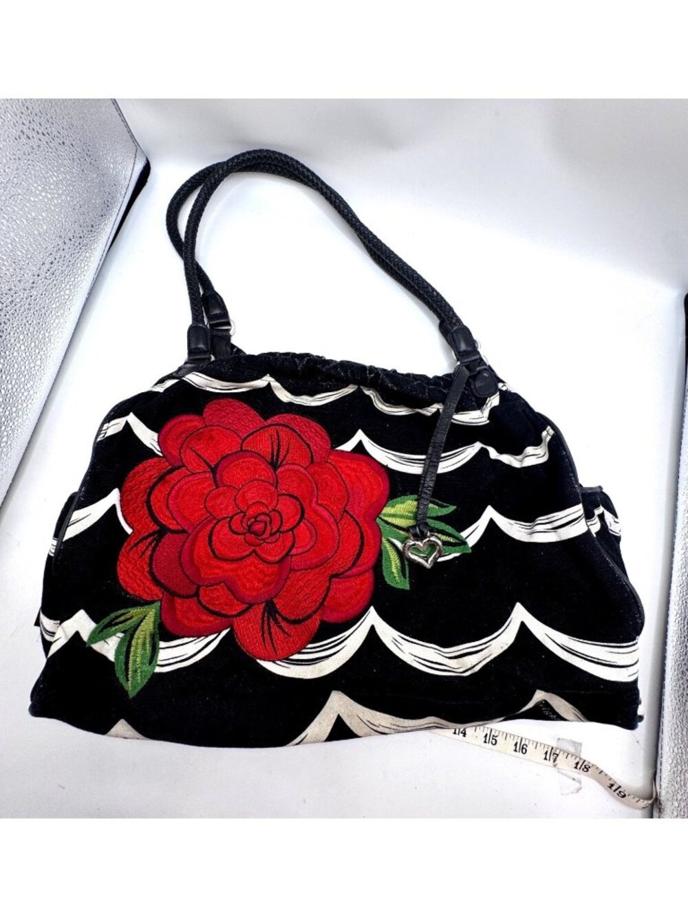 Brighton Black Canvas Tote Bag  Red Floral Embroidery Heart Shoulder